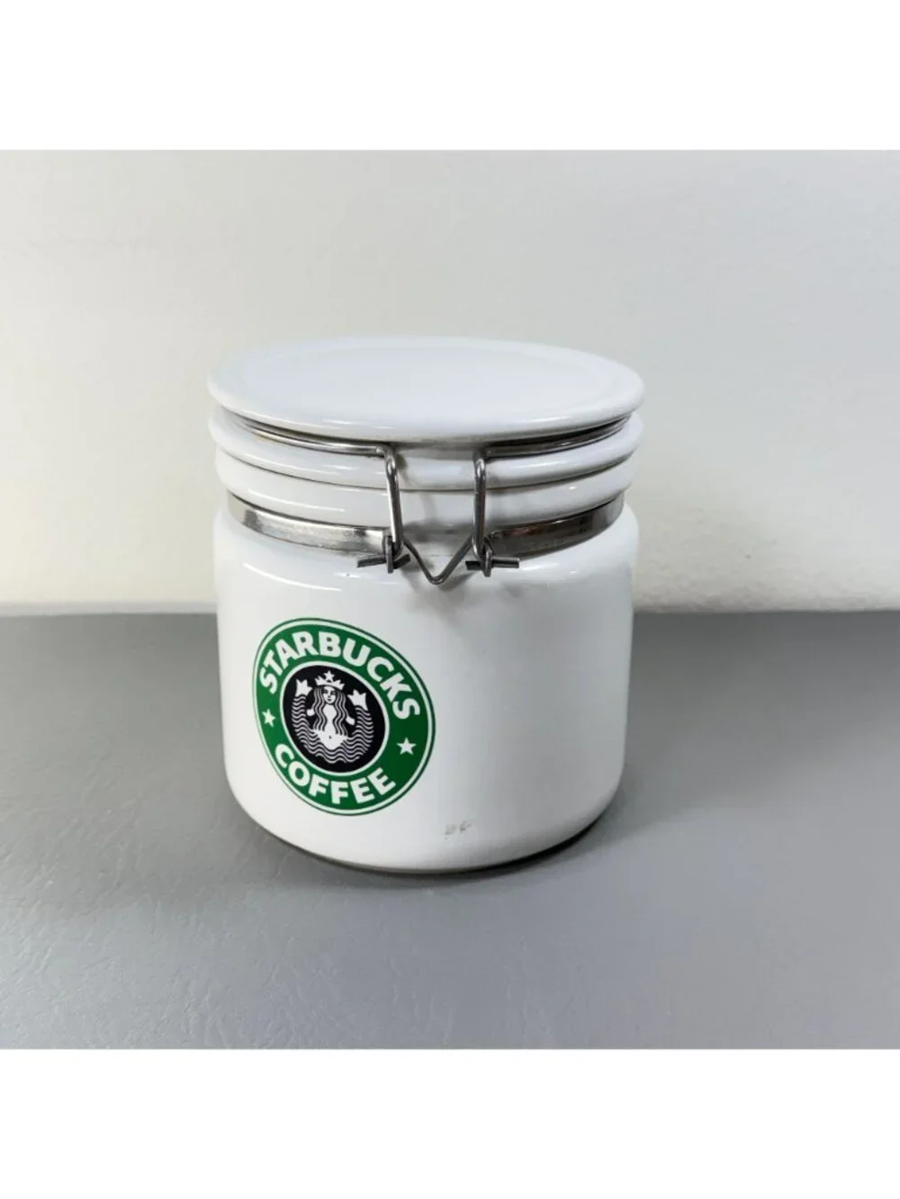 Vintage Starbucks Coffee White Ceramic Clamp Lid Canister Jar Bee House Japan